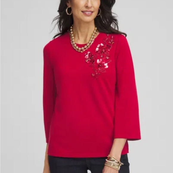 Chico's Tops - Chico Womens Red Allure Embellished Ponte‎ Top sz 3X Cottagecore Stretch Casual